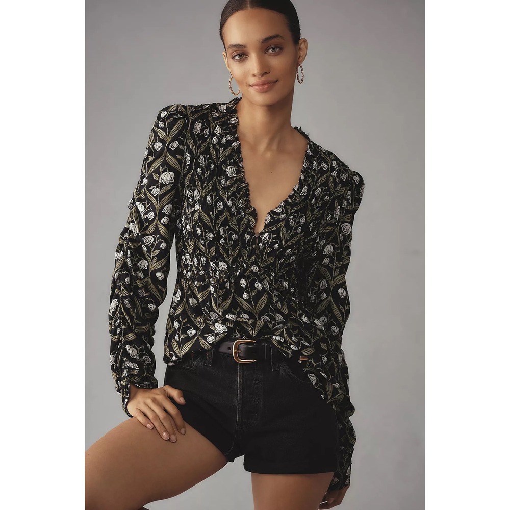 Anthropologie Ruched-Sleeve V-Neck Top S Romantic Floral Botanical‎ Cottagecore